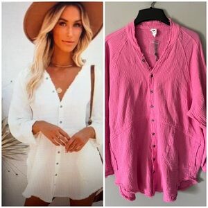 Flawless Kennedy Cotton Gauze Tunic Pool Beach Cover-‎ up Pockets Hot Pink NWOT